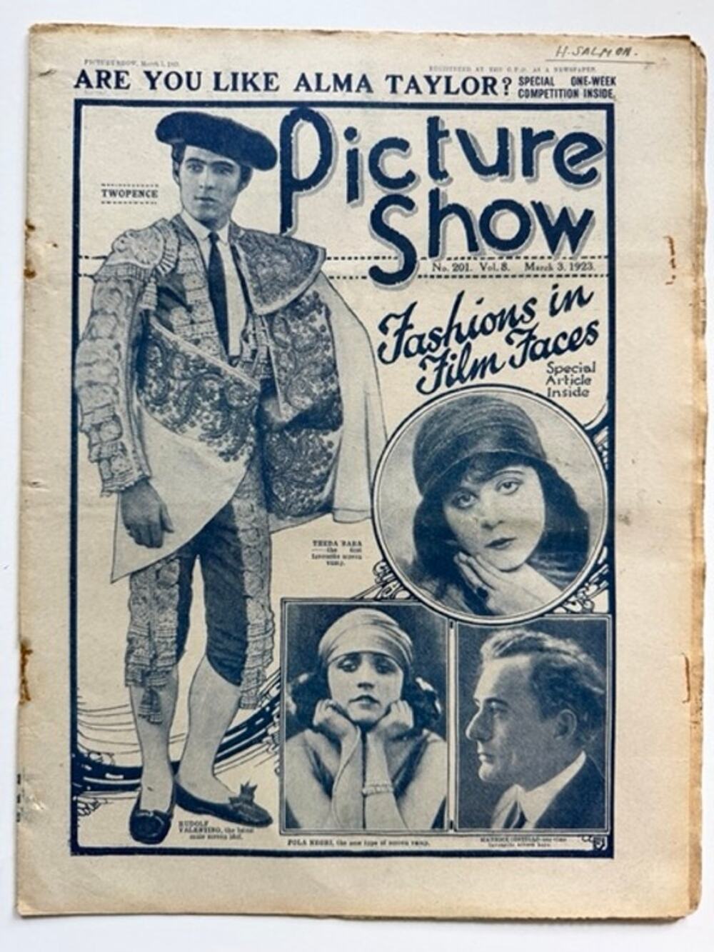 Rare 1923 UK Picture Show Rudolph Valentino Magazine Theda Bara, Hollywood